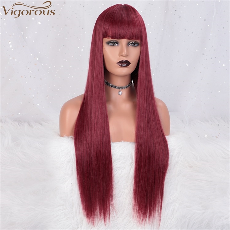 Vigorous Long Silky Straight Red Lace Front Synthetic Wigs With Bangs For Women 28 Inches Glueless High Temperature Hair Wig