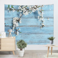 Vintage Planks with White Flower Tapestry Wall Hanging Wooden Board Sky Blue Wall Tapestry Nature Spring for Livingroom Bedroom