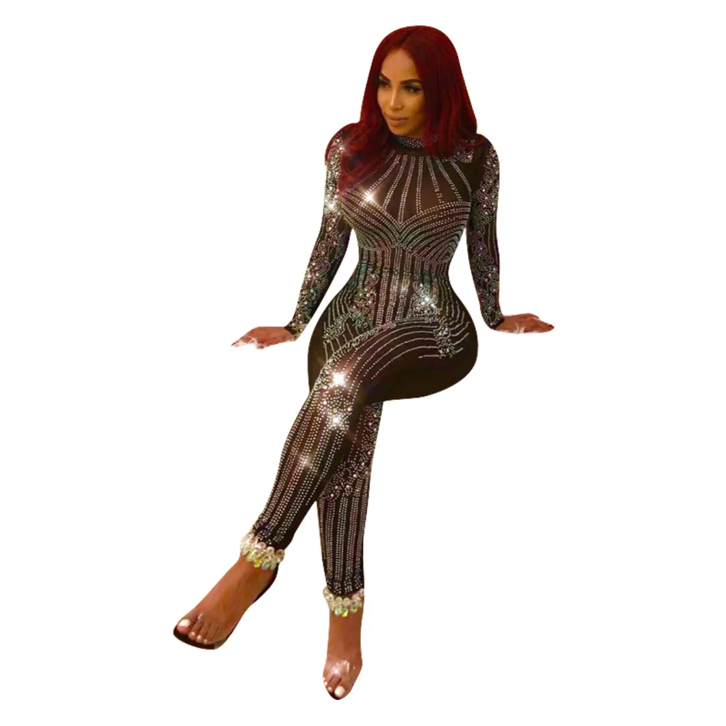 Trending Stylish Autumn Fall Jumpsuit Long Sleeve Bodycon Sequin Rhinestone Woman Jumpsuit