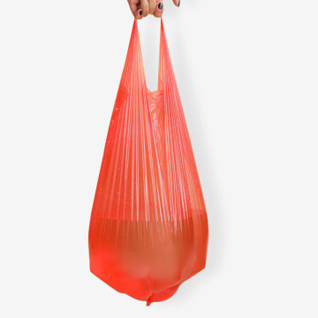 Sac d&#39;emballage de poignée de transporteur de gilet de t-shirt en poly plastique HDPE rouge pour l&#39;épicerie