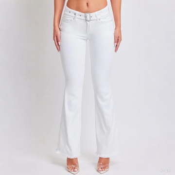Women's Belted Flare Jeans White Color Soft Hand Feel Twill Pants