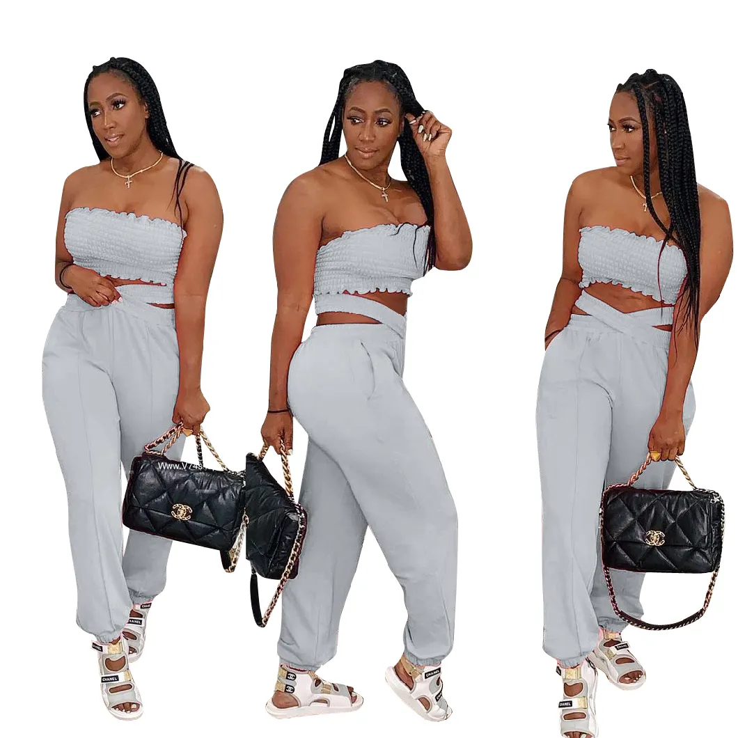 L285309 Summer Casual Women's Clothing 2-Piece Set Fashion Sexy Tube Top and Cross Trousers with Pockets