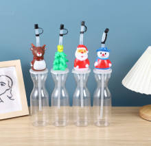 Cartoon Milk Tea Bottles: Plastic Straws & festive shapes like Christmas Trees, Santas & Reindeer