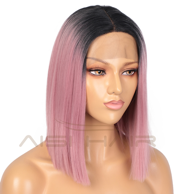 Aisi Hair 14 Inch Short Bob Ombre Pink Dark Root Wig Swiss Lace Wig Cosplay Synthetic Lace Frontal Wigs For Black Women