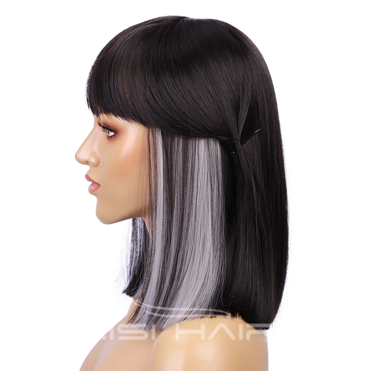 Hot sell Black White Natural Straight Hair Wigs for Black Women Synthetic Wigs with Bang Middle Part Heat Resistant Wig