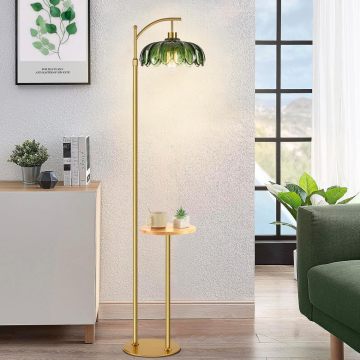 Green flower shade adjustable height shelf floor lamp