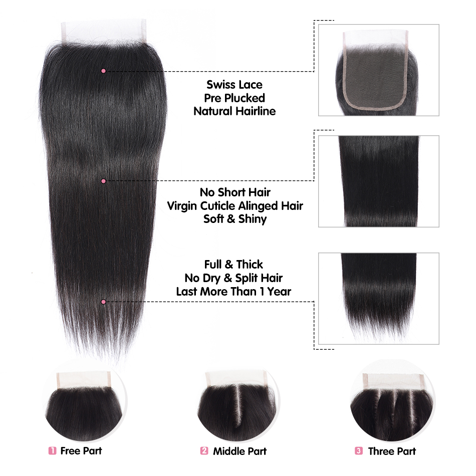 Brazilian Virgin Human Hair Silky Straight 4x4 Lace Closure
