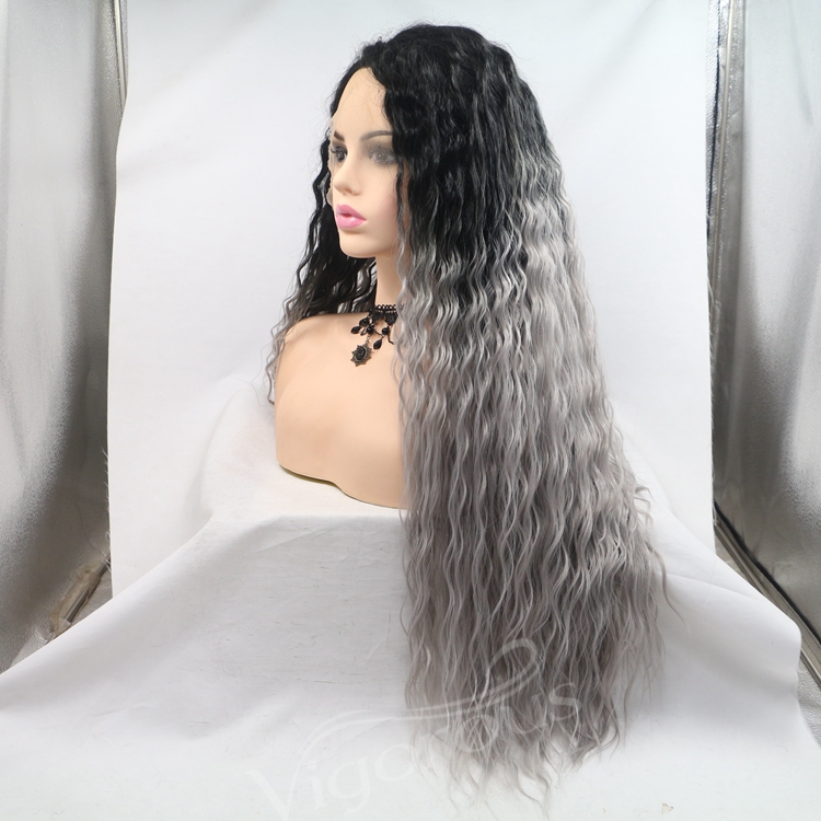 Side Part Long Water Wavy Dark Roots Ombre Grey Long Cheap Lace Fiber Wig Synthetic Hair For Women Vendor Price