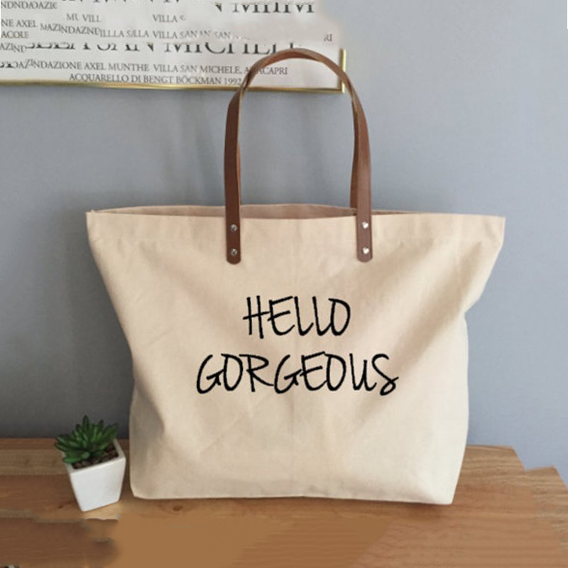 Eco Friendly Large Canvas Handbag Cotton Natural Embroidery Printed Logo Leather Handle Shopping Market Tote Bags7