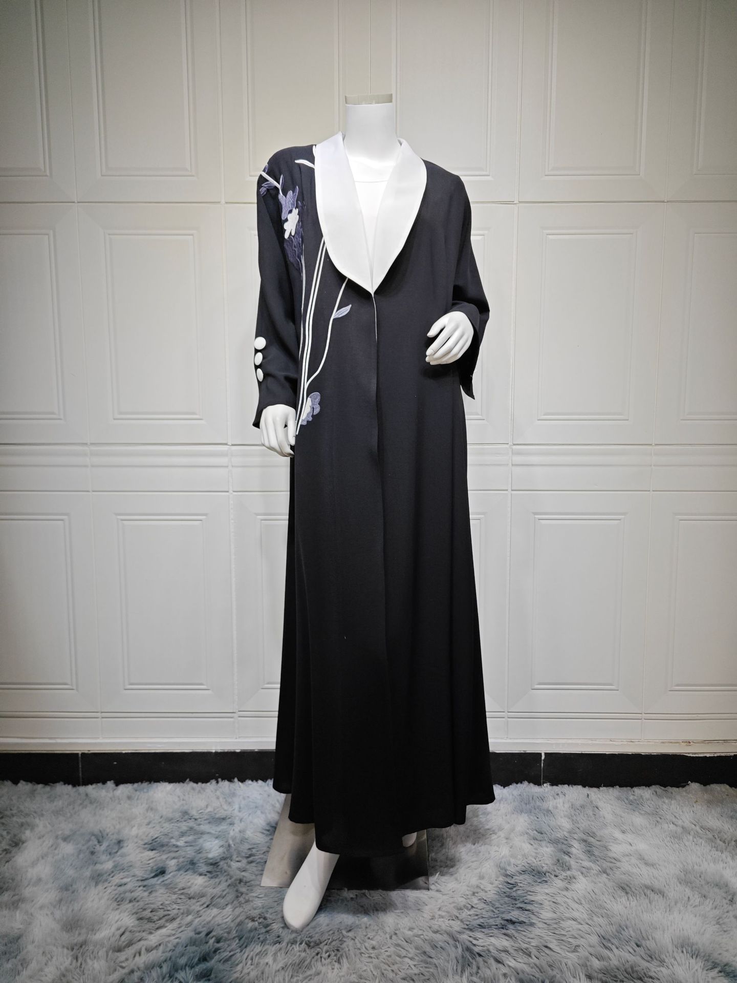 ژاکت کش باف پشمی مشکی شیک با یقه سفید MQ256 (1) Elegant Black Abaya Cardigan with White Collar MQ256 (1)