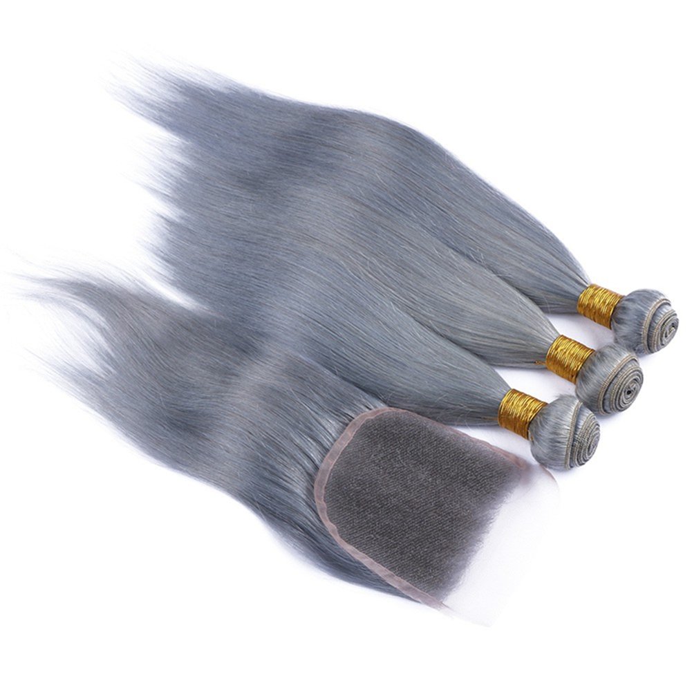 Silver Gray Human Hair Virgin Brazilian Hair Weaves 3 Bundles with Closure Straight Colored Grey Human Hair Bundle