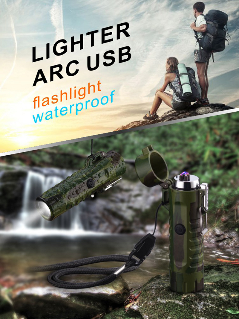 Camping Waterproof Dual Arc Lighter USB Rechargeable Windproof Flameless Electric Cigarette Lighter with LED Flashlight