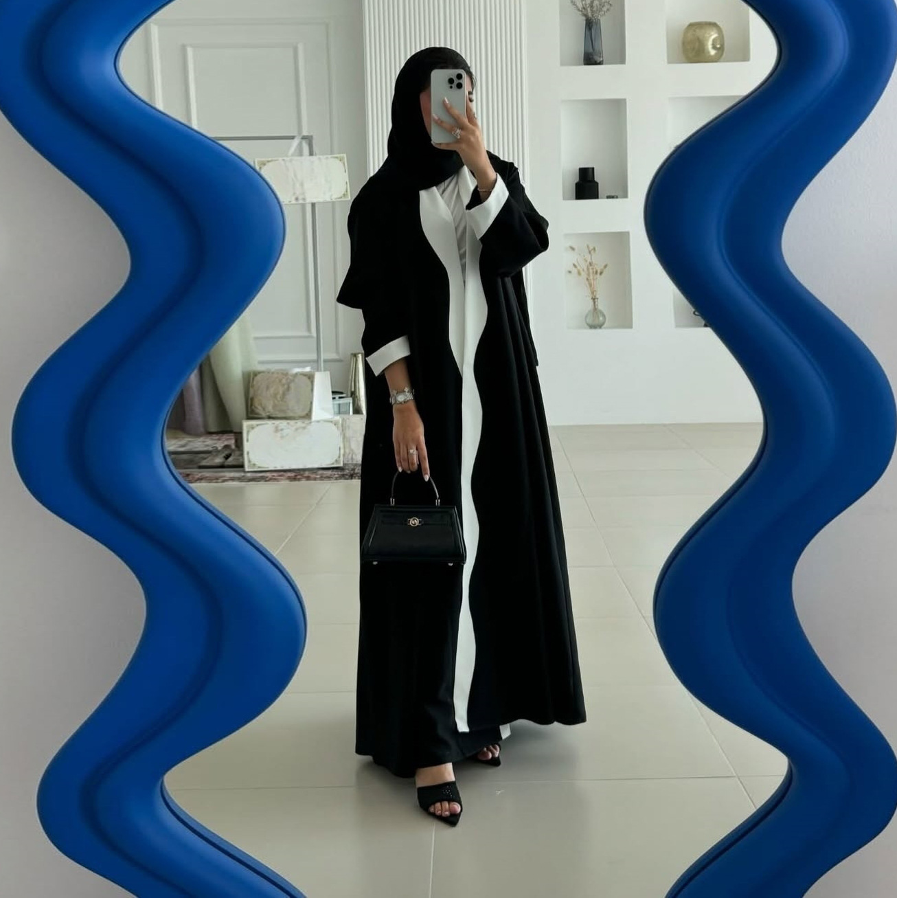 لباس عبای باز مشکی سفید (3) Black White Open Abaya Dress