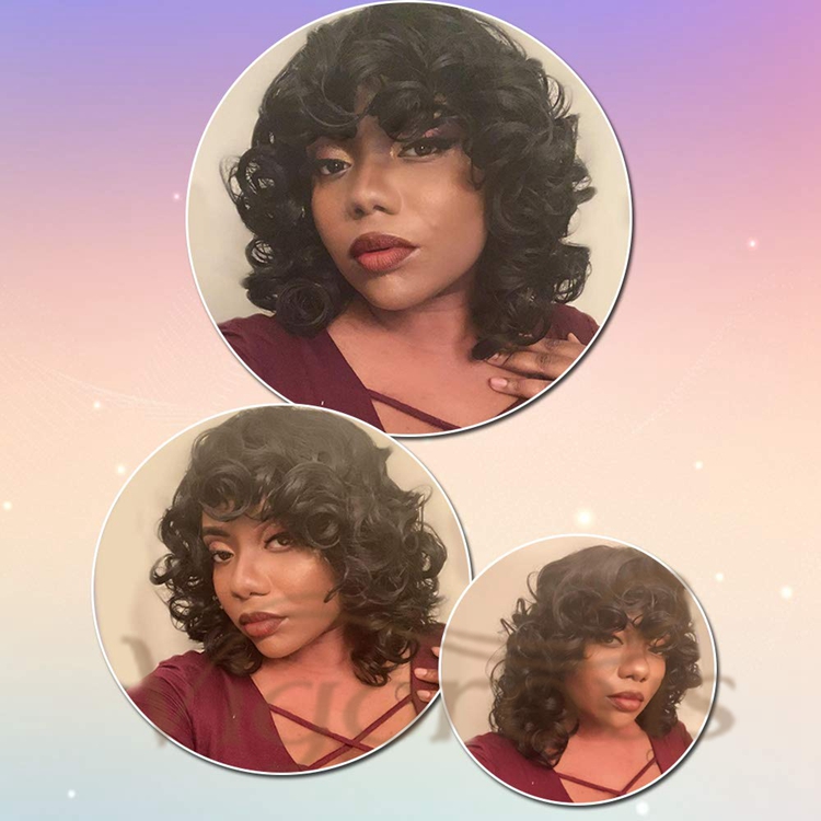 Vigorous Hot Selling Super Curl With Bangs Shoulder Length Heat Resistant Fiber Bob Cosplay For Black Women Synthetic Hair Wigs