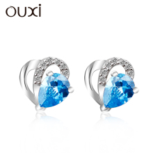 Classic Heart Shaped Stud Earring with Rhodium Plated Pear Blue Sapphire CZ Diamond Ear Stud