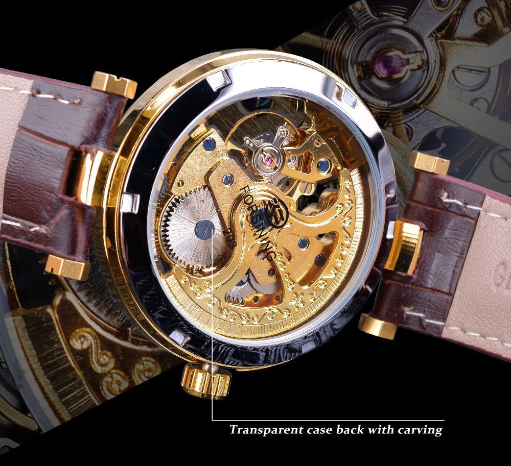 Forsining Golden Watches Fashion Blue Hands Mens Automatic Mechanical Watch Self-wind Watches Leather Luminous Hands