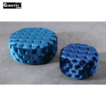 Blue round chesterfield fabric ottomans