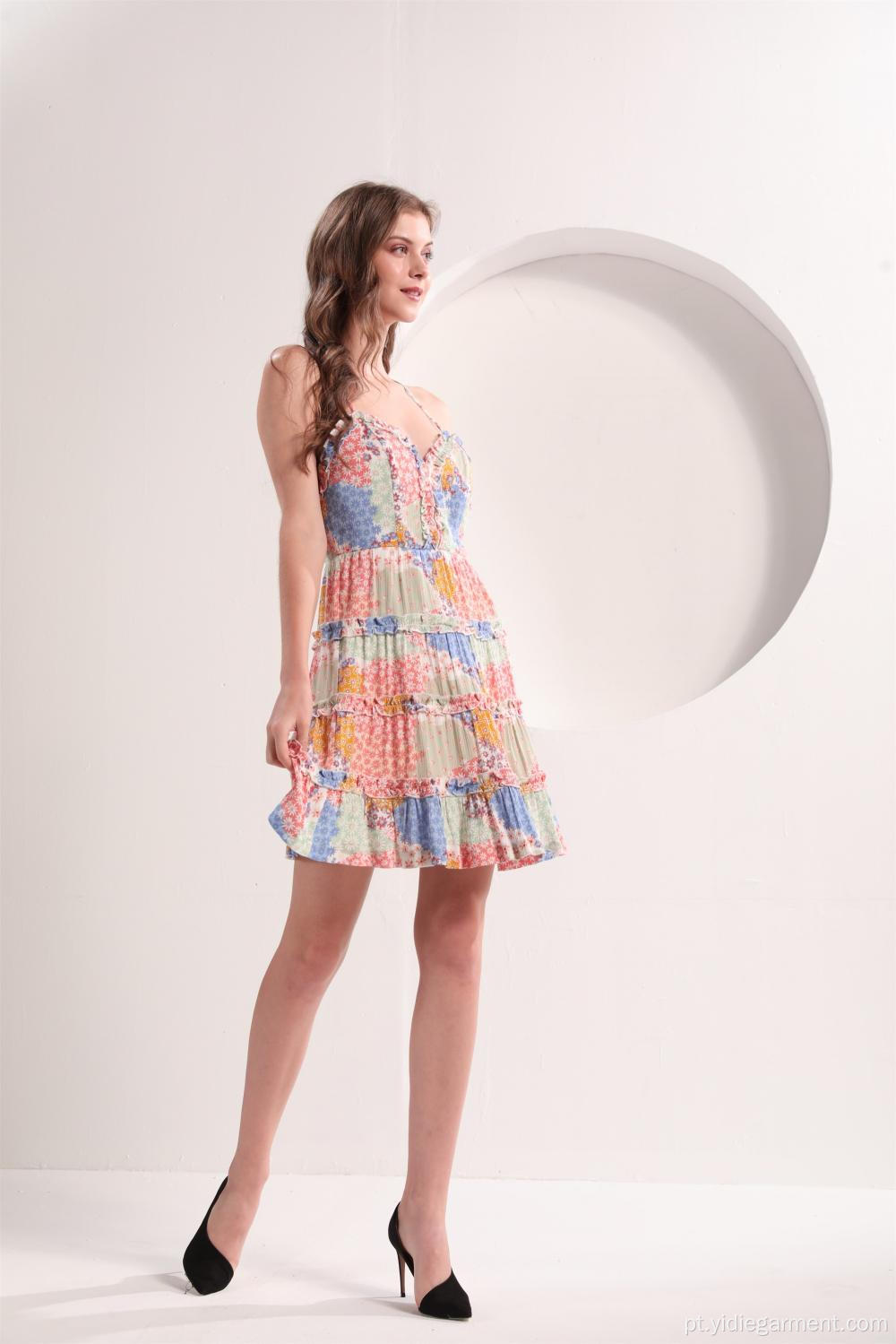 Colorblock Floral Imprimir Mini Vestido Flare