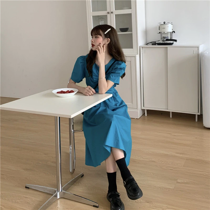 Summer Trend Back Hollow Bow Skirt Waist Solid Color Dress