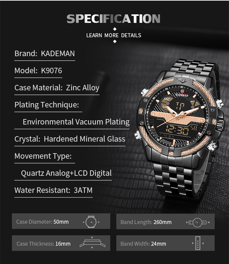 Kademan 9076 Dual Display Man Watch Steel Waterp Proof Chrono Sport Analog Watches Digital Men