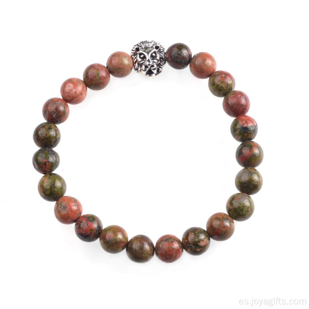 Pulsera de piedras preciosas con cabeza de león y cuentas de 8mm de Unakite