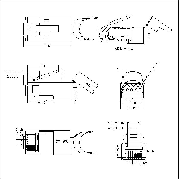 ATRP8P8C-BBG0AN-004 CAT7 FTP 8P8C Shielded Modular Plug Long Body 4 Up And 4 Down Wire Hole 1.45MM