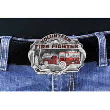Lead & Nickel Free "Volunteer Firefighter" And Displays A Red Enamel-Filled Firetruck Belt Buckle