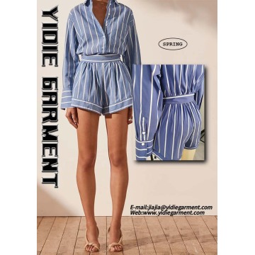 Striped Long Sleeve Drawstring Waist Flared Short Jumpsuits