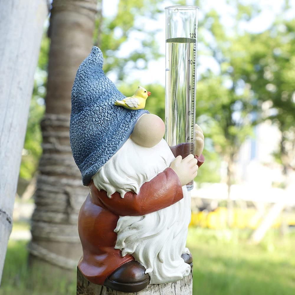 รูปปั้นสวน Resin Gnome พร้อมมาตรวัดฝนพลาสติก