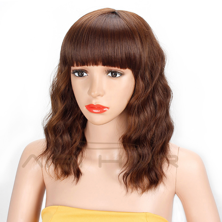 Aisi Hair Wholesale Top Quality Short Bob Brown Wig With Neat Bangs Synthetic Short Curly Wave Wigs For Black Women