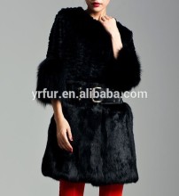 YR467 Women Genuine Rabbit Fur Coat with Raccoon Fur Cuffs