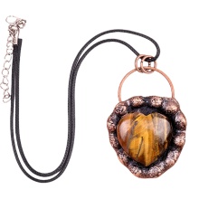 Yellow Tiger Eye Retro Red Copper Love Heart Retro Red Copper Pendant Necklace 45CM Black Cord
