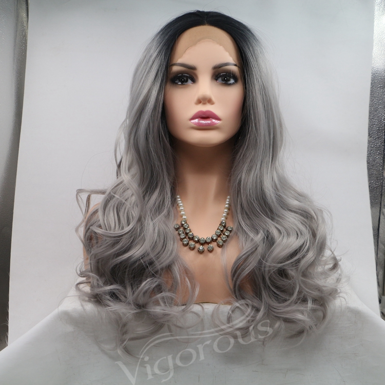 Cheap Suppier Long Water Wave Middle PartHot Sale For Women Heat Resistant Ombre Grey Fiber Synthetic 13*3 Lace Frontal Wig