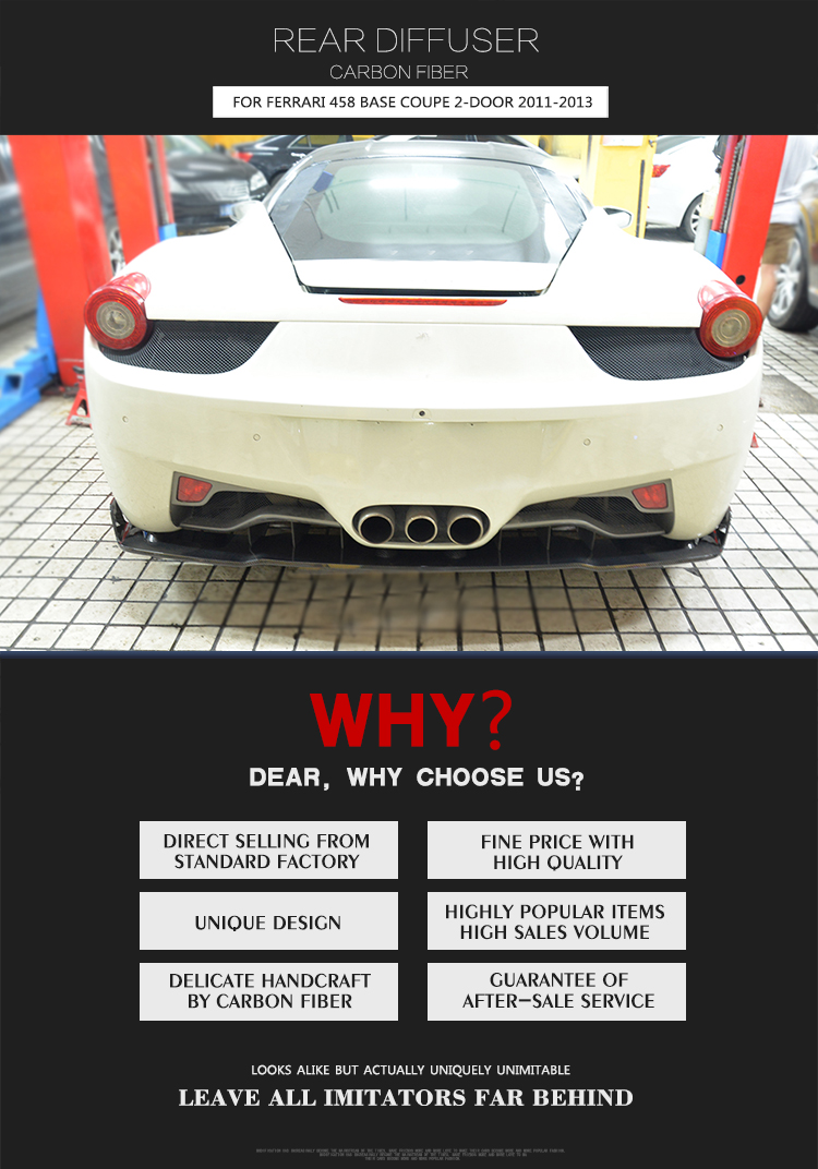 VEL Style Carbon Fiber Car Bumper Diffuser Lip for Ferrari 458 Italia Base Coupe 2-Door 11-13