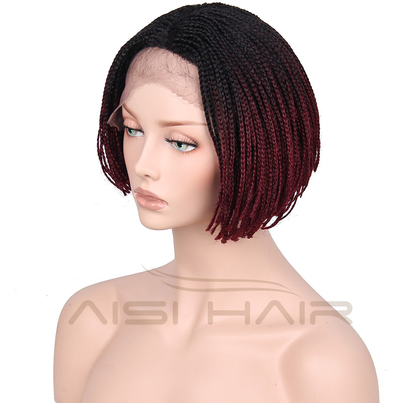 Synthetic Black Red Ombre Two Tone Color Lace Front Wigs Braid Box Hair Bob Style Wig Heat Resistant Glueless Lace Front Wig