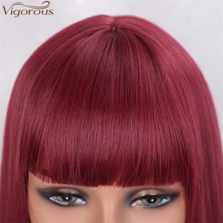 Vigorous Long Silky Straight Red Lace Front Synthetic Wigs With Bangs For Women 28 Inches Glueless High Temperature Hair Wig