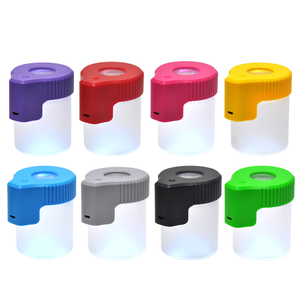 Plastic&Glass Light-Up LED Air Tight Storage Magnifying Jar Viewing Container 155 ML Multi-Use Plastic Pill Box Bottle