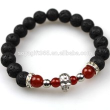 Punk Style Skull Charm Lava Stone Bracelet Round Red Agate Beaded Bracelet