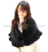 YR185 Women Black Brown Mink Tail Knitted Fur Shawl
