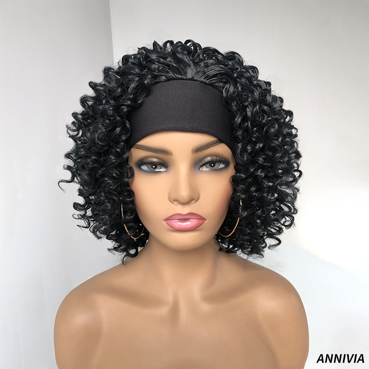 Cheap synthetic wig natural color High Temperature fiber hair kinky curly short synthetic wig headband wigs for black women