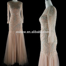 2016 High Quality Tulle Net Sexy Long Illusion Sleeves Beaded Evening Dress for Women