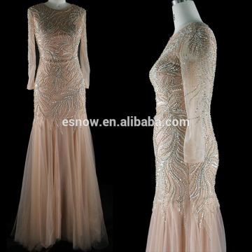 2016 High Quality Tulle Net Sexy Long Illusion Sleeves Beaded Evening Dress for Women