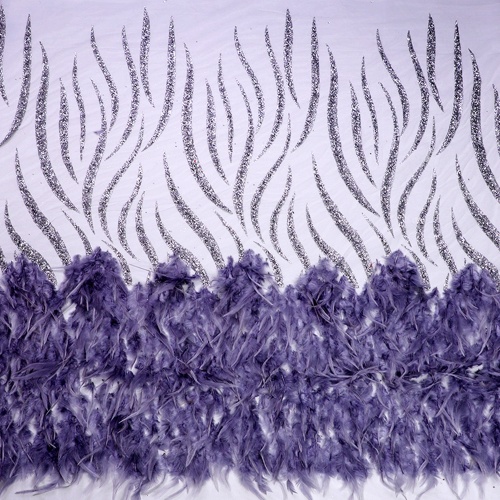 Ungu Glitter Feather Lace Tulle Mesh Fabric