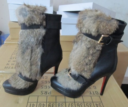 Blak Ankle Boots with Genuine Rabbit Fur (Hcy02-865)