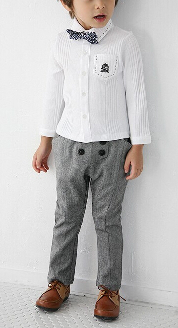 Boy's long sleeve white dress shirt with bowtie