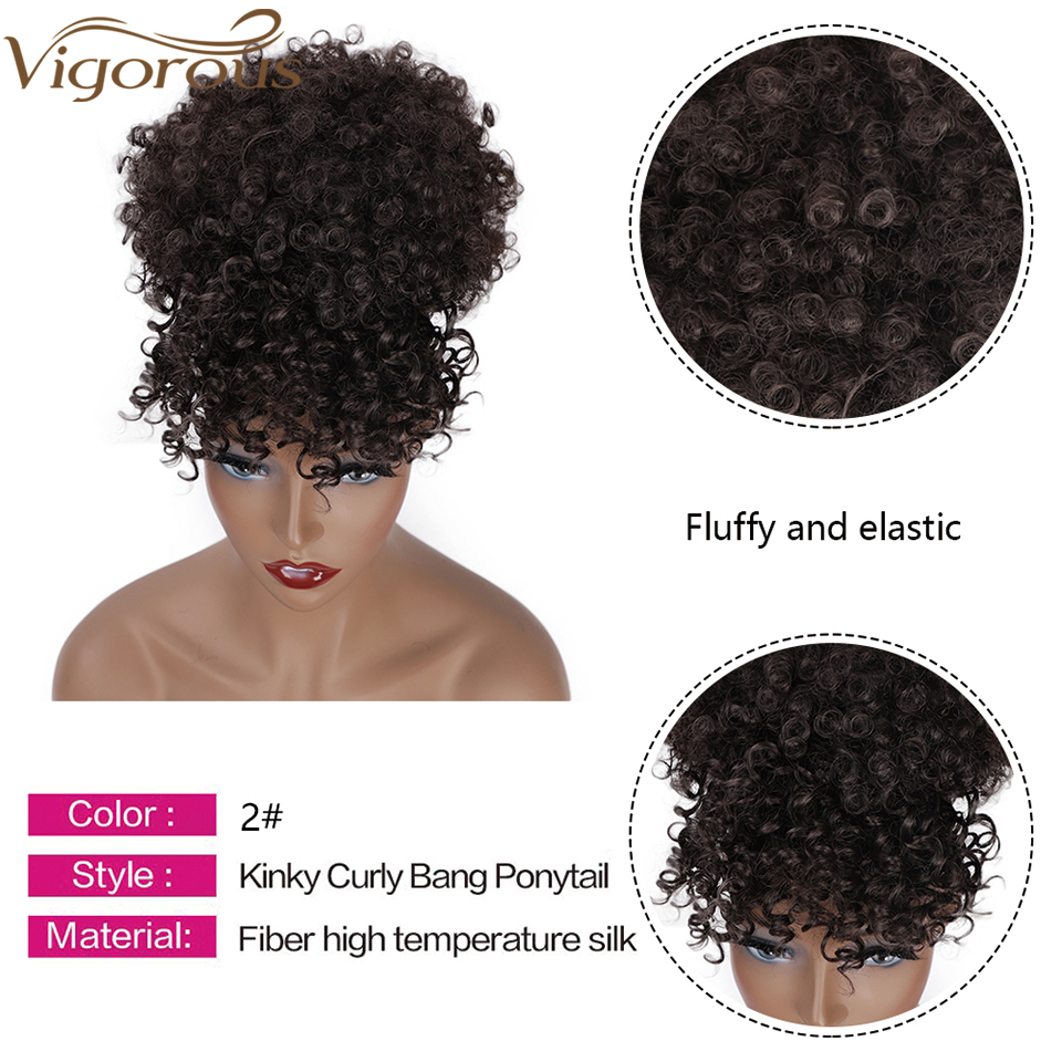 Vigorous Wholesale Heat Resistant Fiber Kinky Curly Ponytail With Bangs Hair Extension For Black Women Synthetic Afro Hair Bun