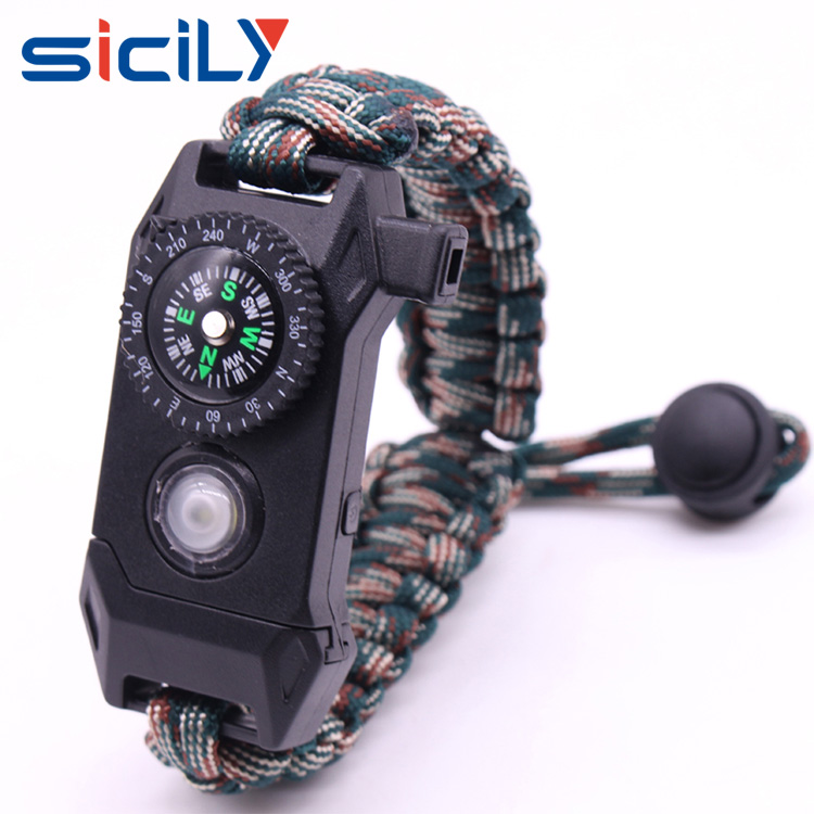 Wholesale woven paracord survival bracelet with fire starter buckle led