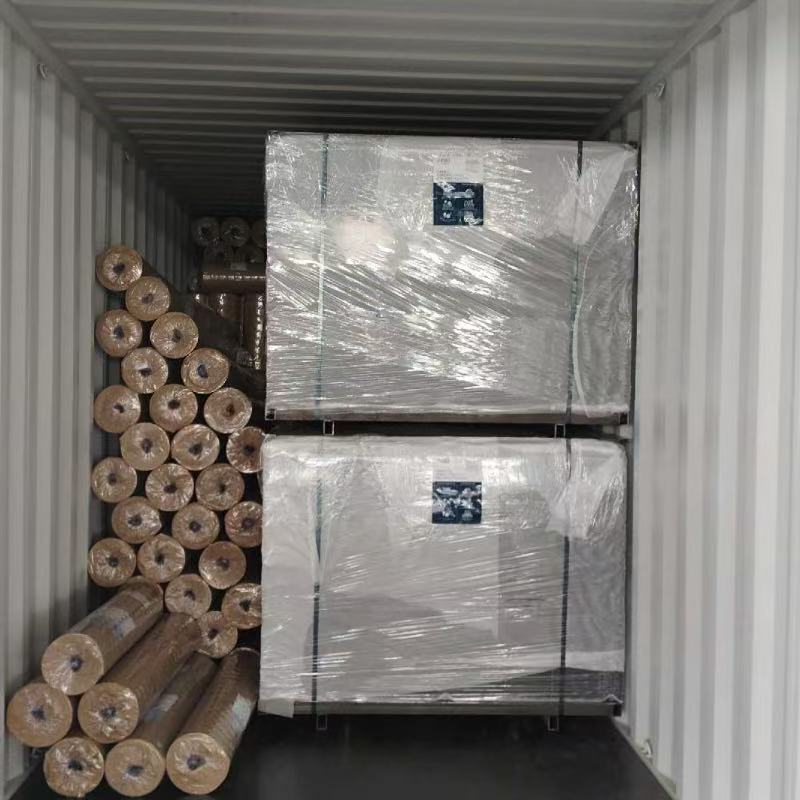 Załadunek paneli siatkowych do kontenera eksportowego | ANJIA Palletised mesh bundles and paper-wrapped rolls loaded inside a shipping container for bulk export -- manufactured by ANJIA