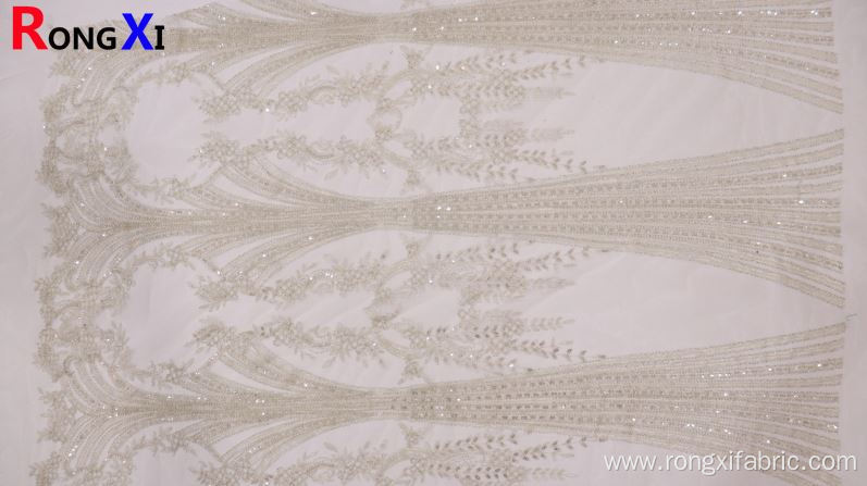 Professional Grid Pattern Beads White Embroidery Fabric