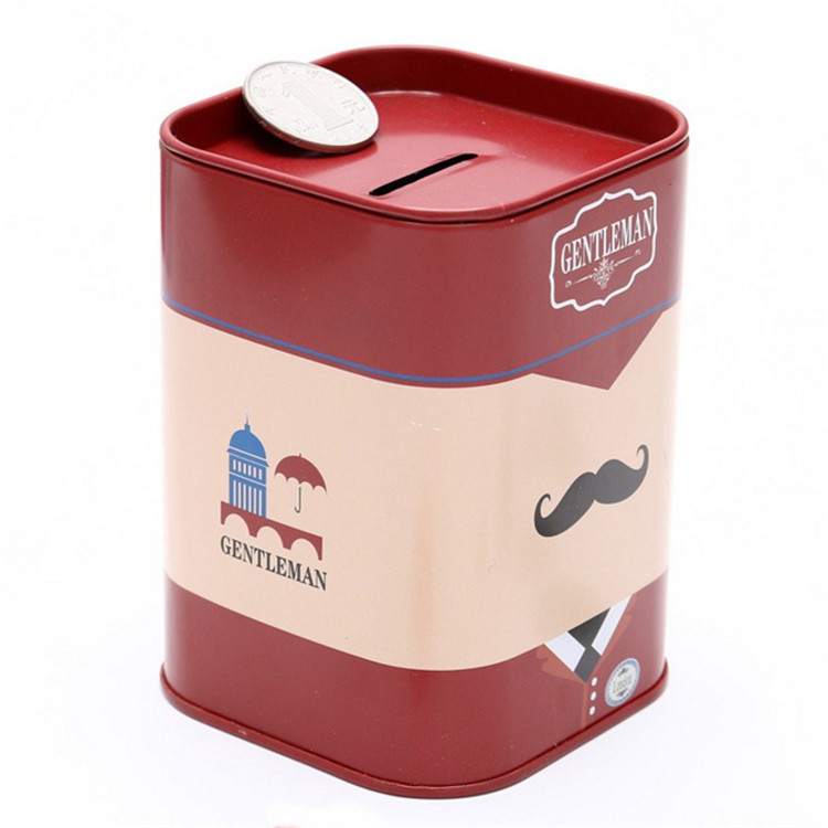 Square Metal Coin Piggy Bank Tin Money Box